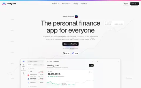 Maybe hero section: centered headline and CTA over a faint chart background above a large finance dashboard screenshot