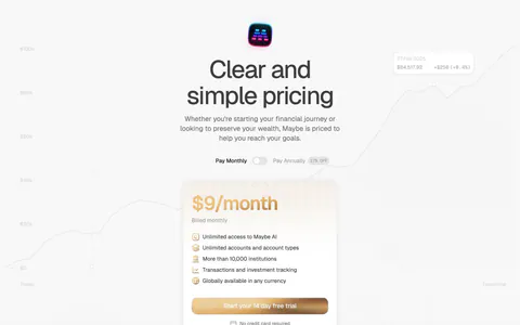 Maybe pricing section: centered headline with monthly/annual toggle above a single gold-accented plan card on a faint chart