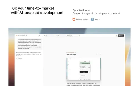 Medusa features section: headline with agentic tooling and MCP links above an AI site builder UI on a warm sunset gradient