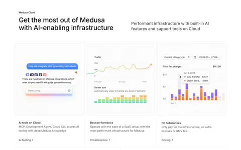 Medusa features section: headline above three cards showing an AI chat, traffic and server charts, and a billing bar chart