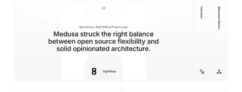 Medusa testimonials section: large centered quote card with EightSleep logo beside collapsed Heineken and Mitsubishi Motors tabs