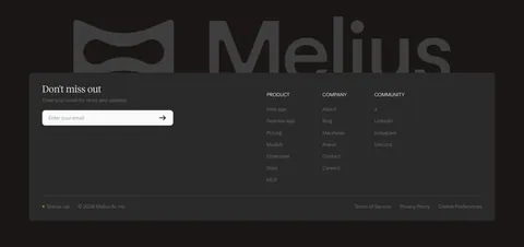 Melius footer section: large gray Melius wordmark behind a dark card with email signup field, three link columns and legal row