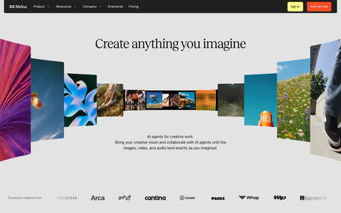 Melius hero section: dark nav bar over a centered serif headline inside a curved gallery of photos and artwork, logo row at bottom