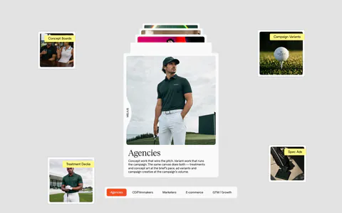 Melius use cases section: stacked card with a golf apparel photo and serif Agencies copy, floating labeled thumbnails, persona tab bar