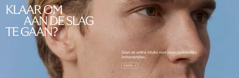 Menkind call-to-action section: white serif headline and start button over a full-bleed close-up face photo on blue