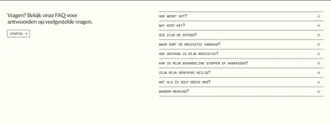 Menkind FAQ section: short intro with start button on the left and a monospace question accordion on the right on cream