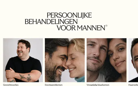 Menkind features section: serif uppercase headline above a carousel of treatment cards with portrait photos and start buttons on cream