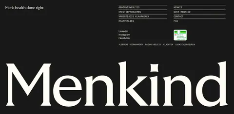 Menkind footer section: tagline and monospace link columns above a giant serif Menkind wordmark on a black background