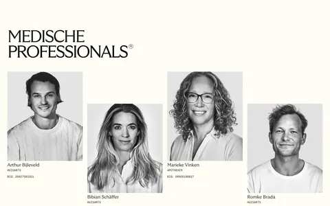 Menkind team section: serif headline above four staggered black-and-white portraits of medical professionals with roles on cream
