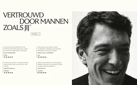 Menkind testimonials section: serif headline and four starred review quotes beside a large black-and-white portrait on cream