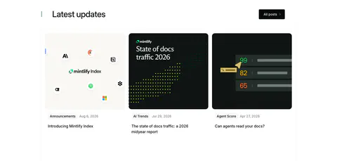 Mintlify blog & resources section: headline with All posts button above three article cards with light and dark thumbnails