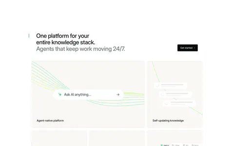 Mintlify features section: headline with button above a bento grid of light cards with abstract UI mockups and green line art