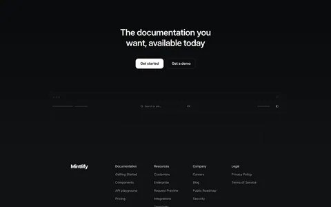 Mintlify footer section: centered closing CTA above a faded docs wireframe, then four link columns and status badge on black