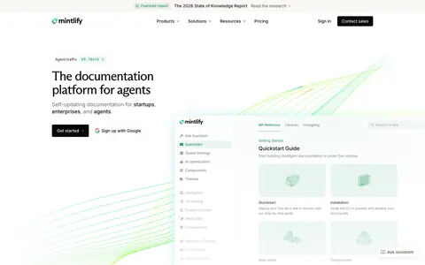 Mintlify hero section: headline and two buttons on the left, documentation app screenshot on the right with green line waves