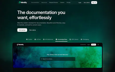 Mintlify hero section: left-aligned headline on dark green glow above product tabs and a knowledge base docs screenshot