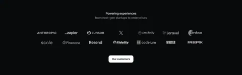 Mintlify logo cloud section: centered heading above two rows of grayscale customer logos and an Our customers button on black