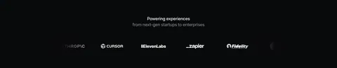 Mintlify logo cloud section: centered two-line heading above a single faded-edge row of customer logos on black