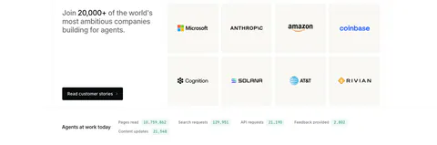 Mintlify logo cloud section: headline and button beside a grid of eight customer logo tiles, live usage counters row below