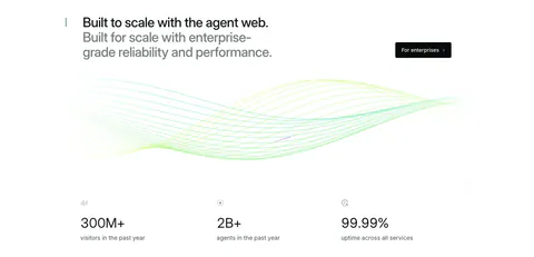 Mintlify stats section: two-tone headline and button above green line waves and a row of three large usage metrics