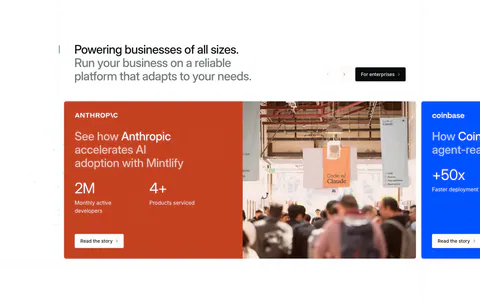 Mintlify testimonials section: headline with arrows above a carousel of customer story cards, orange Anthropic card with stats and photo