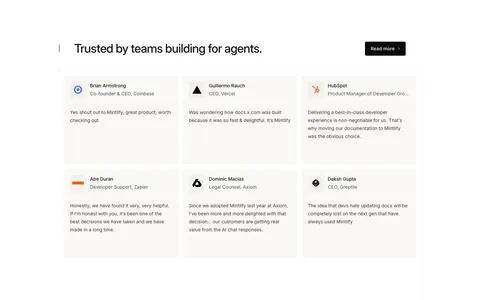 Mintlify testimonials section: headline with Read more button above a two-row grid of six quote cards with names and logos