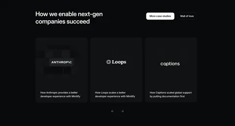 Mintlify testimonials section: headline with buttons above three dark case-study cards showing customer logos and carousel arrows