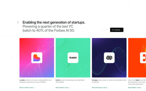 Mintlify testimonials section: two-tone headline with arrows above a carousel of colorful startup story cards with logos