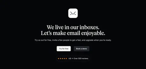 Missive call-to-action section: centered app icon and serif headline with two buttons and a review rating badge on black