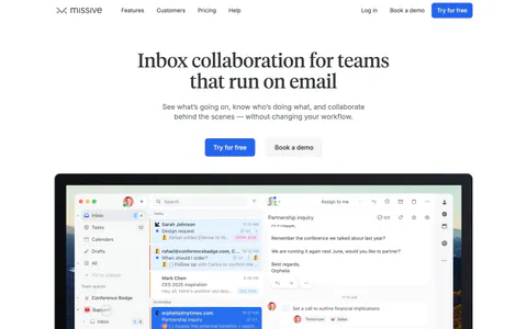 Missive hero section: centered serif headline and two CTAs above a laptop-framed shared inbox app screenshot on white