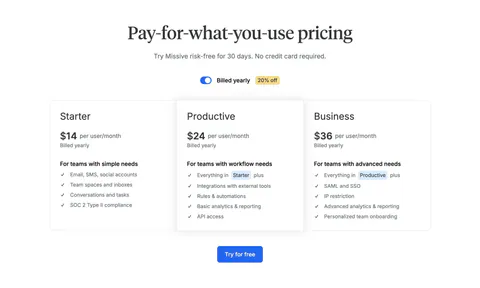 Missive pricing section: centered serif headline with billing toggle above three plan columns and a Try for free button