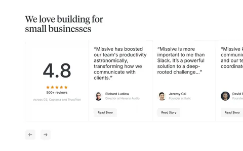 Missive testimonials section: serif headline above a 4.8 rating card and edge-cropped quote cards with arrows on white