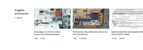 Miter blog & resources section: heading with view-all link beside edge-cropped article cards with construction photos and tags