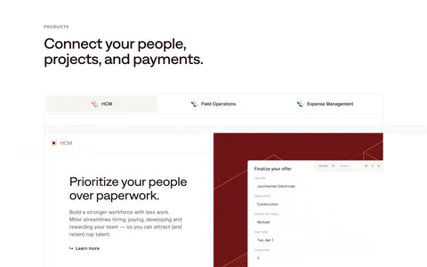 Miter features section: headline above product tabs and a split panel with HCM copy beside an offer form UI on dark red