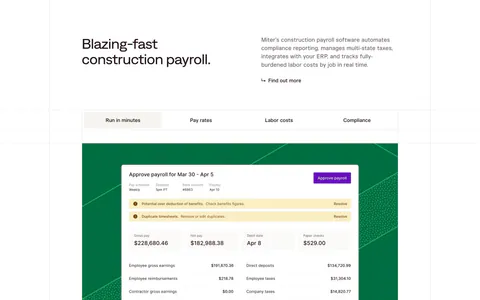Miter features section: headline beside intro copy above a four-tab panel showing a payroll approval UI on a green patterned card