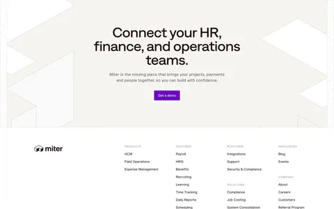 Miter footer section: centered CTA on beige with geometric line shapes, then link columns, email signup and legal row