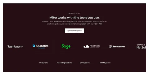 Miter integrations section: centered headline on dark maroon above an edge-cropped row of partner logo cards and category tabs