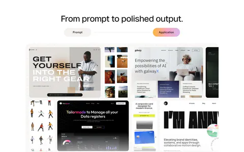 Modulify features section: centered headline and prompt/application toggle above a collage of generated website screenshots