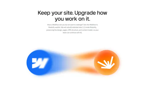 Modulify features section: centered headline above blurred Webflow and Modulify logo orbs, a checklist and two buttons