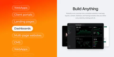 Modulify features section: orange gradient panel of stacked use-case pills beside a headline and dark dashboard mockups