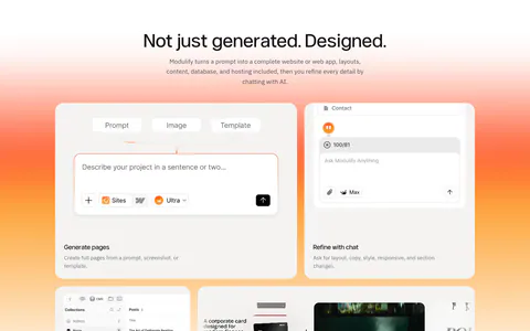 Modulify features section: centered headline above a four-card bento of product UI mockups on an orange gradient band