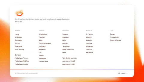 Modulify footer section: white rounded card with logo, five link columns and language picker over grainy orange edges