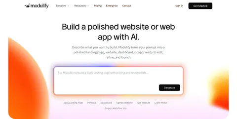Modulify hero section: centered headline above a large AI prompt box with template chips, flanked by orange gradient blobs