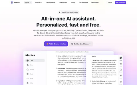 Monica hero section: centered headline with video pill and two CTAs above overlapping chat app screenshots on a lavender glow