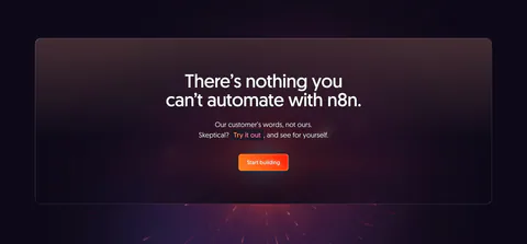 n8n call-to-action section: centered headline and orange button in a translucent panel over a dark purple glow with sparks