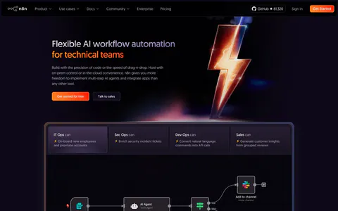 n8n hero section: dark hero with headline and CTAs beside a 3D lightning bolt, above a tabbed AI agent workflow canvas