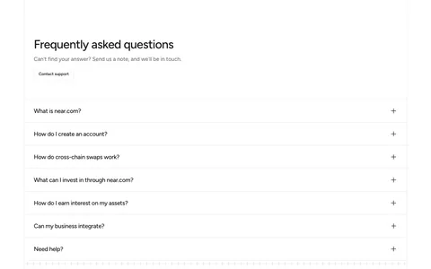 NEAR FAQ section: headline with Contact support button above a full-width accordion of questions on white
