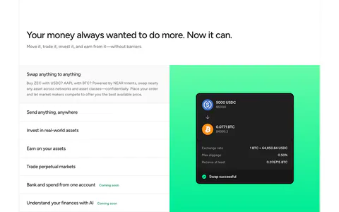 NEAR features section: headline above a list of capabilities on the left and a swap UI card on a green gradient panel