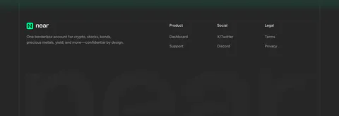 NEAR footer section: logo, tagline and three link columns above a giant faded near wordmark on a charcoal background