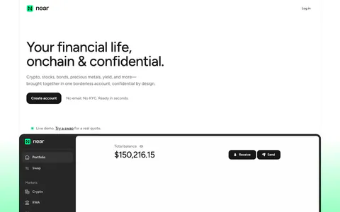 NEAR hero section: left-aligned headline and Create account button above a portfolio app screenshot on a mint green gradient