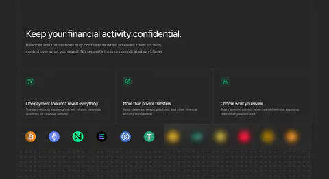 NEAR security section: headline above three privacy cards with green icons and a row of crypto token icons on dark